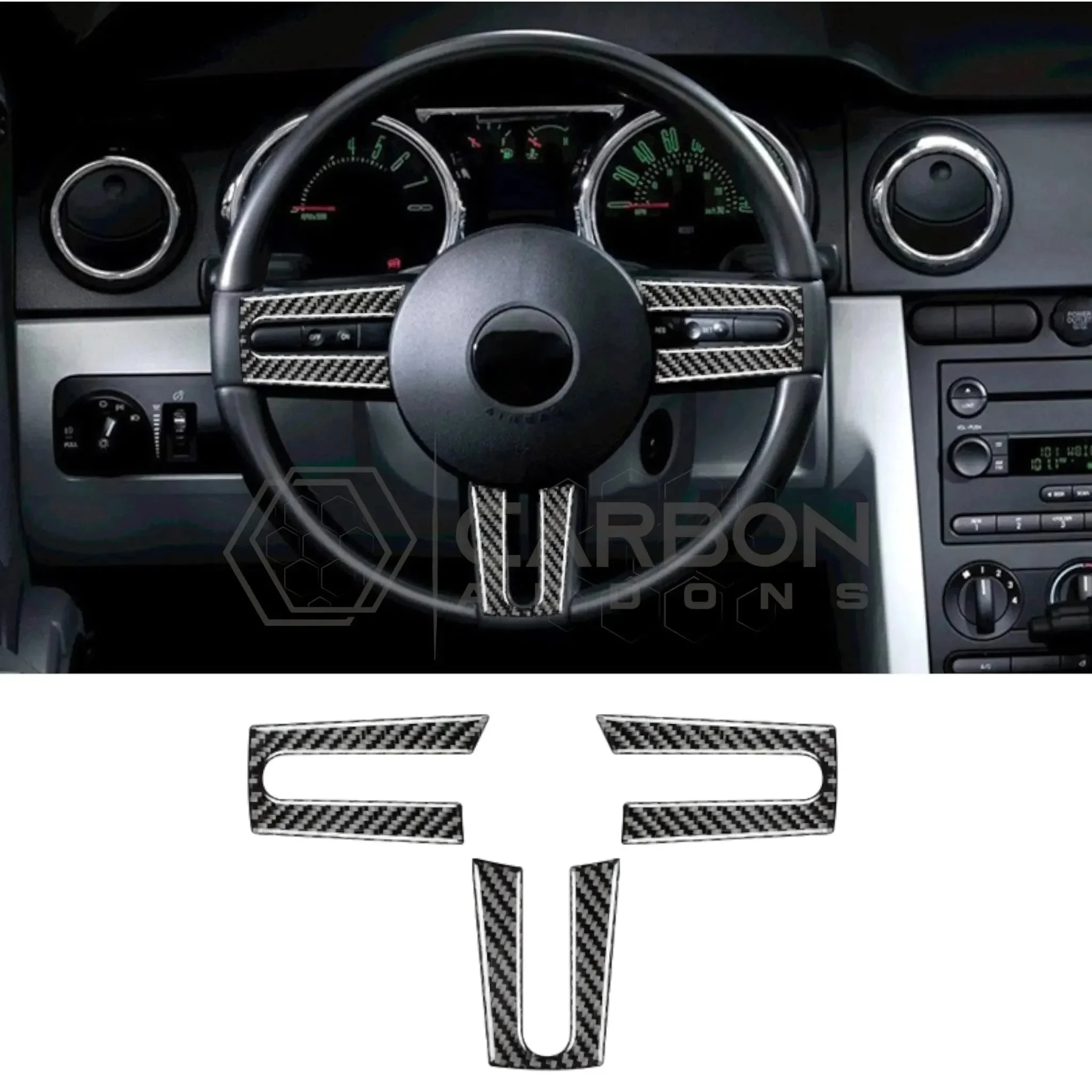 Real Carbon Fiber Steering Wheel Trim Overlay For Mustang 2005-2009