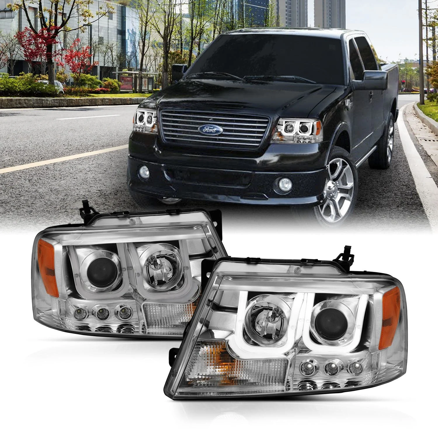 Anzo 111287 - 2004-2008 Ford F-150 Projector Headlights w/ U-Bar Chrome
