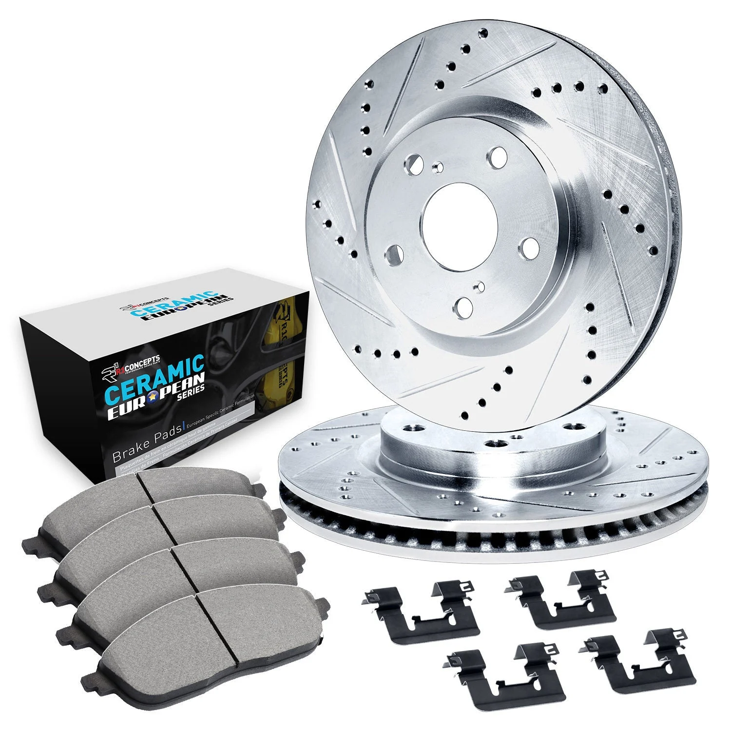 R1 Concepts WGTH1-73059 - R1 Brake Rotors - D/S - Silver w/ Euro Ceramic Pads & Hdw