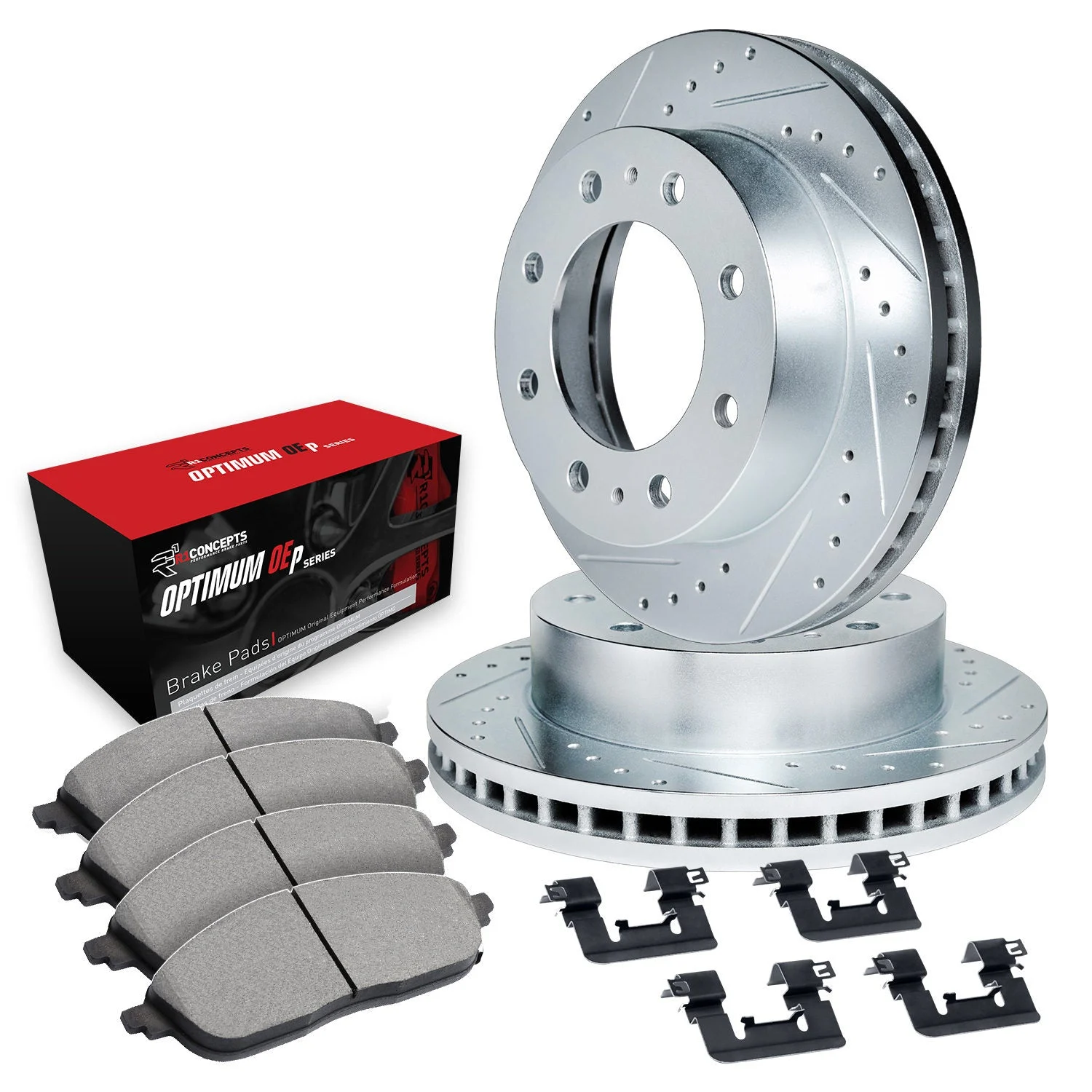 R1 Concepts WGUH1-48068 - Silver Drilled Slotted Rotors with 5000 Oep Brake Pads & Hdw