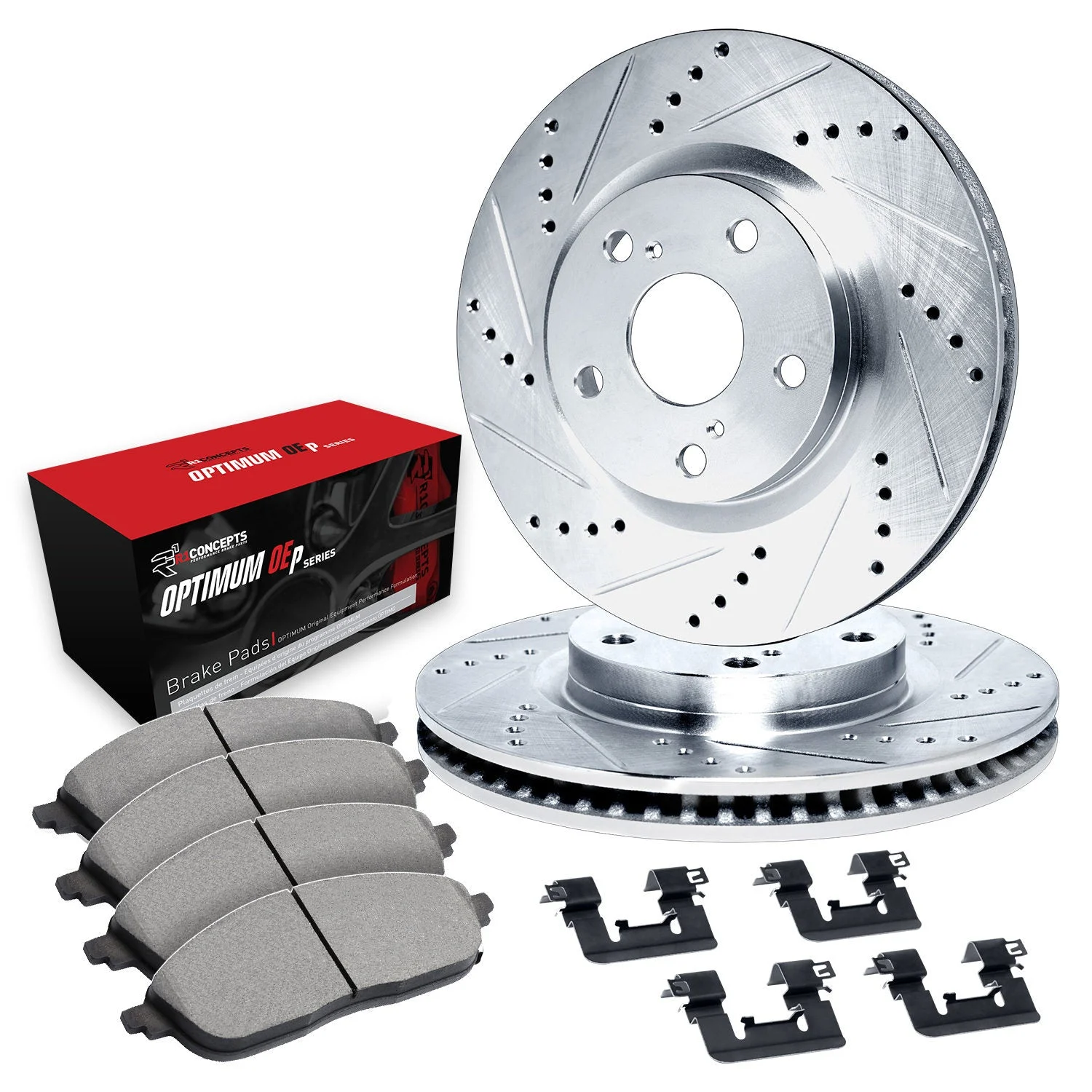 R1 Concepts WGUH1-58024 - Silver Drilled Slotted Rotors with 5000 Oep Brake Pads & Hdw