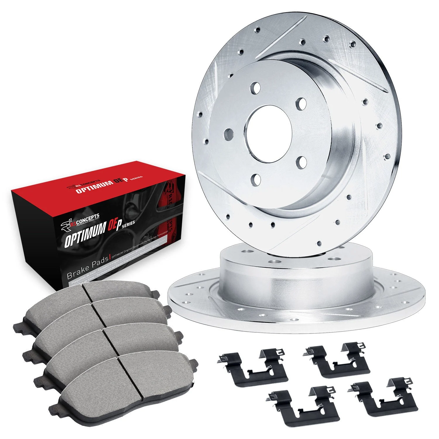R1 Concepts WGUH1-67098 - Silver Drilled Slotted Rotors with 5000 Oep Brake Pads & Hdw