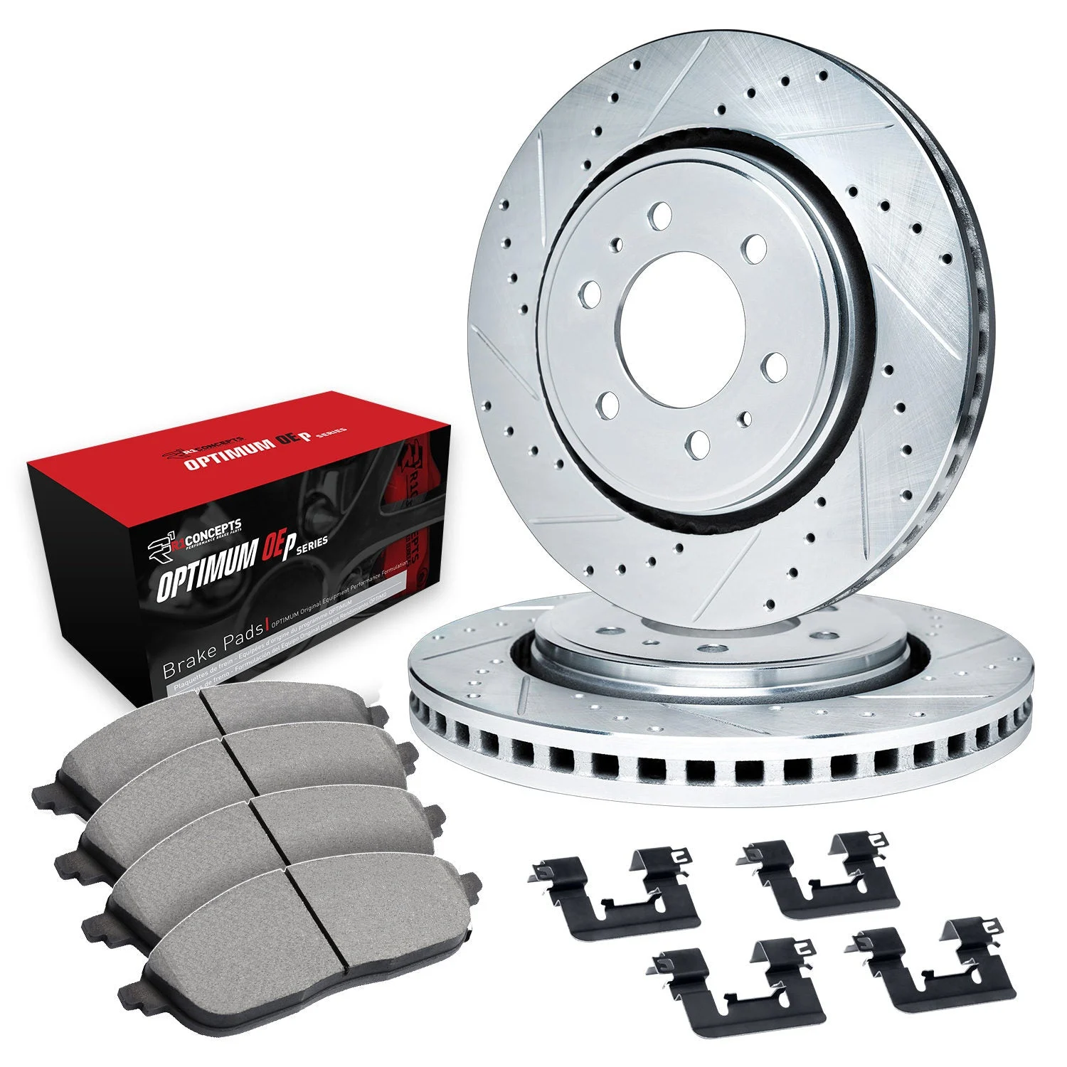 R1 Concepts WGUH1-76096 - Silver Drilled Slotted Rotors with 5000 Oep Brake Pads & Hdw