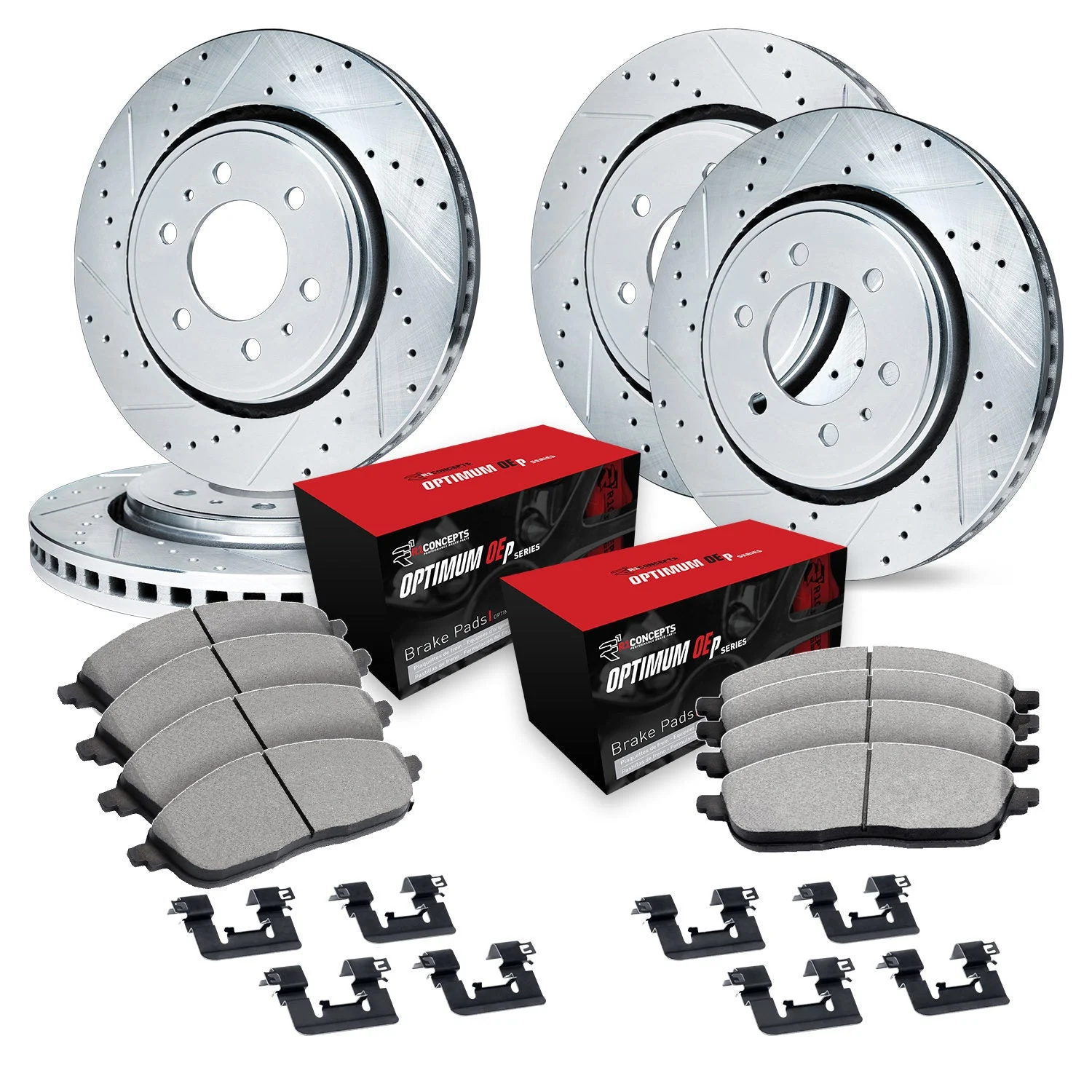 R1 Concepts WGUH2-67070 - Silver Drilled Slotted Rotors with 5000 Oep Brake Pads & Hdw