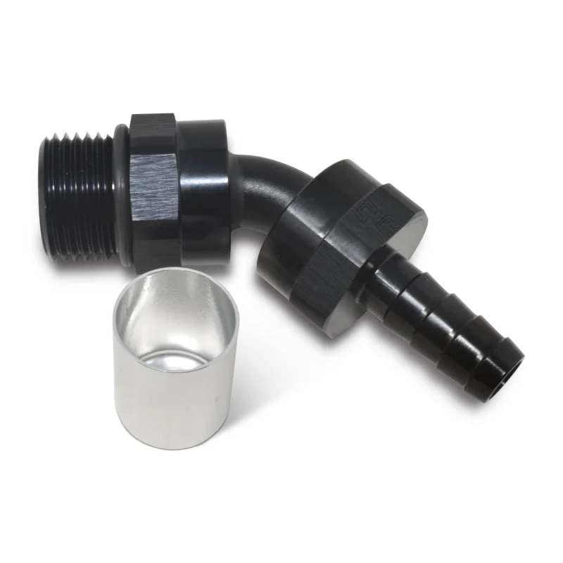 Russell Hose End Crimp On 10 Sae Port Male To -8 Hose 45 Deg Swivel Blk Anodized