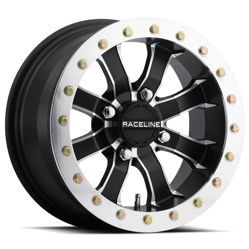 Raceline A71 Mamba 14x7in/4x156 BP/4+3 10mm Offset/132.5mm Bore - Blk & Machined Ring Beadlock Wheel
