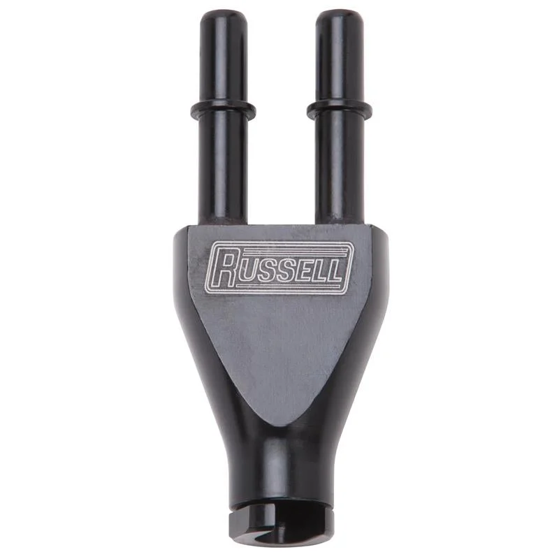 Russell Adapter Y-Block 3/8in Sae Quick Disconnect Female To 2X 3/8in Sae Qd Male Blk Anodized