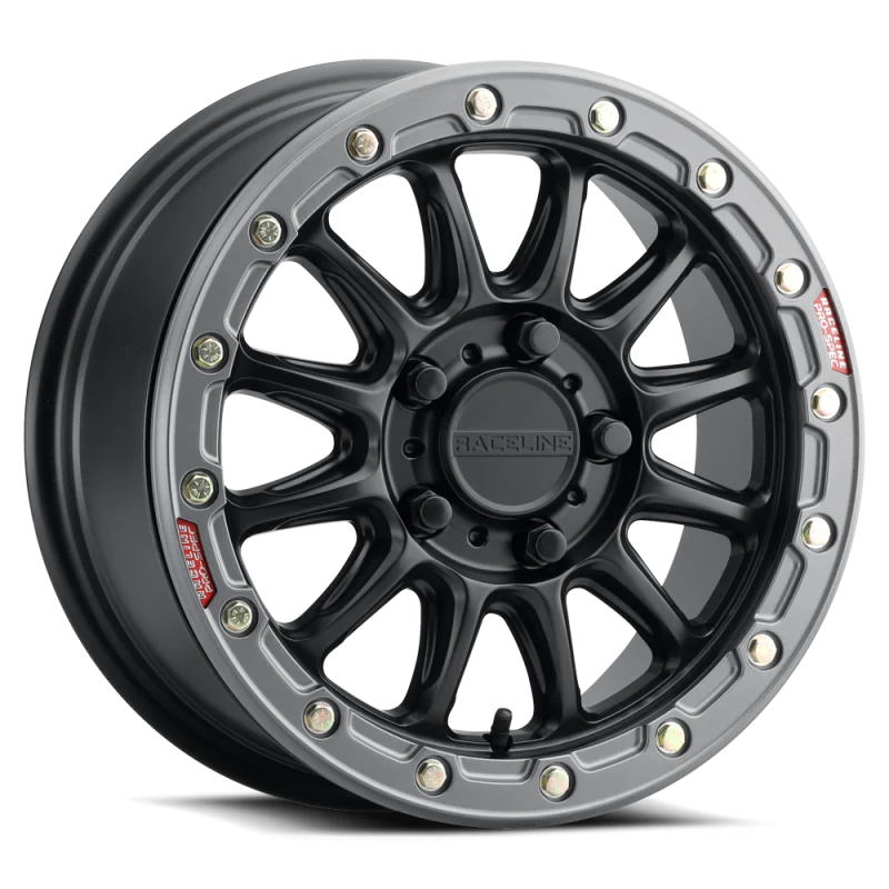 Raceline A14GR Alpha 15x7in/5x114.3 BP/25mm Offset/68mm Bore - Gunmetal & Red Ring Beadlock Wheel