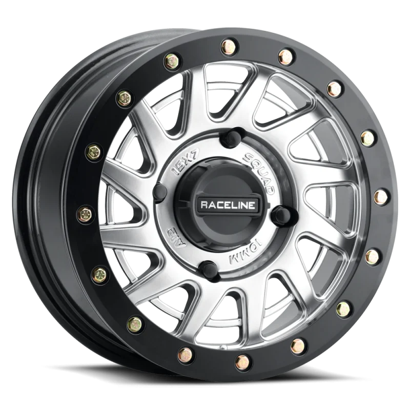 Raceline A12SB Squad 15x7in/4x137 BP/10mm Offset/110.18mm Bore - Silver & Black Ring Beadlock Wheel