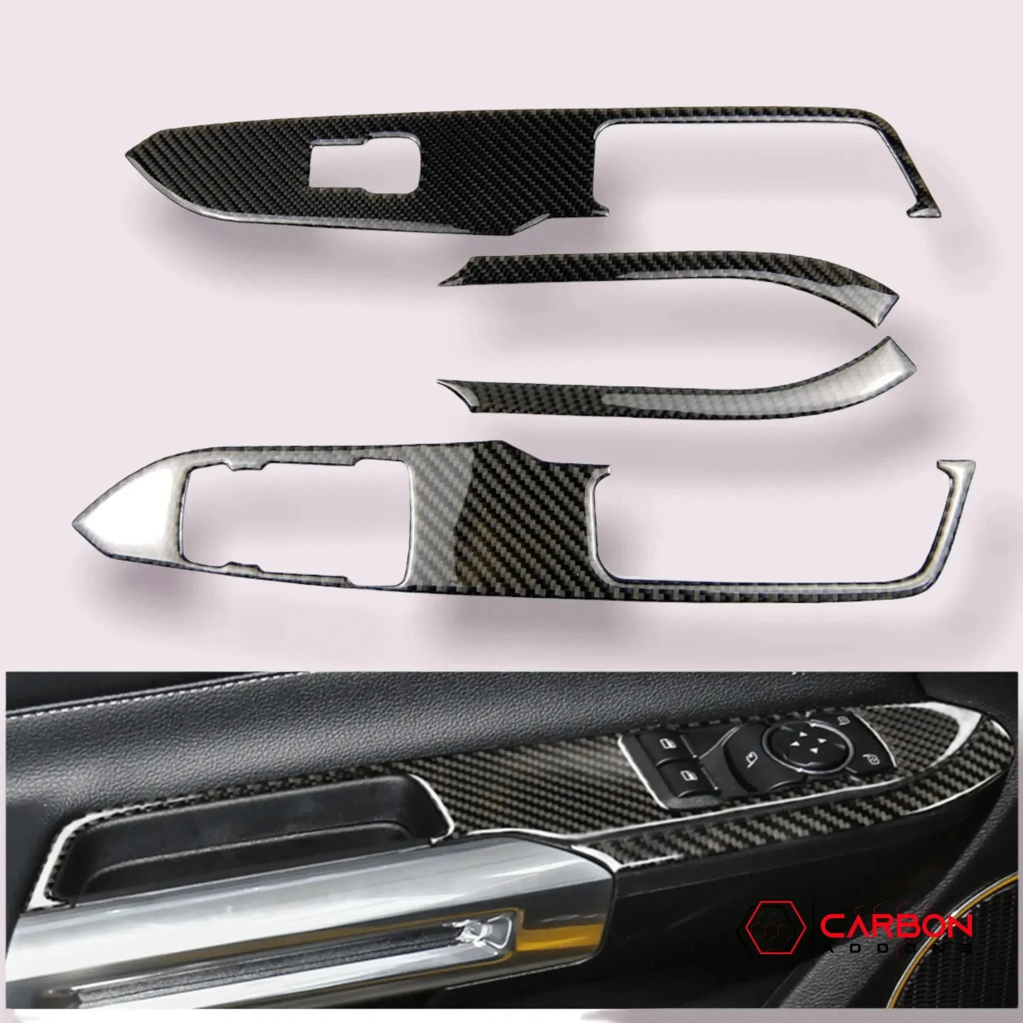 Carbon Fiber Window Control Panel Trim Overlay for Mustang 2015-2023